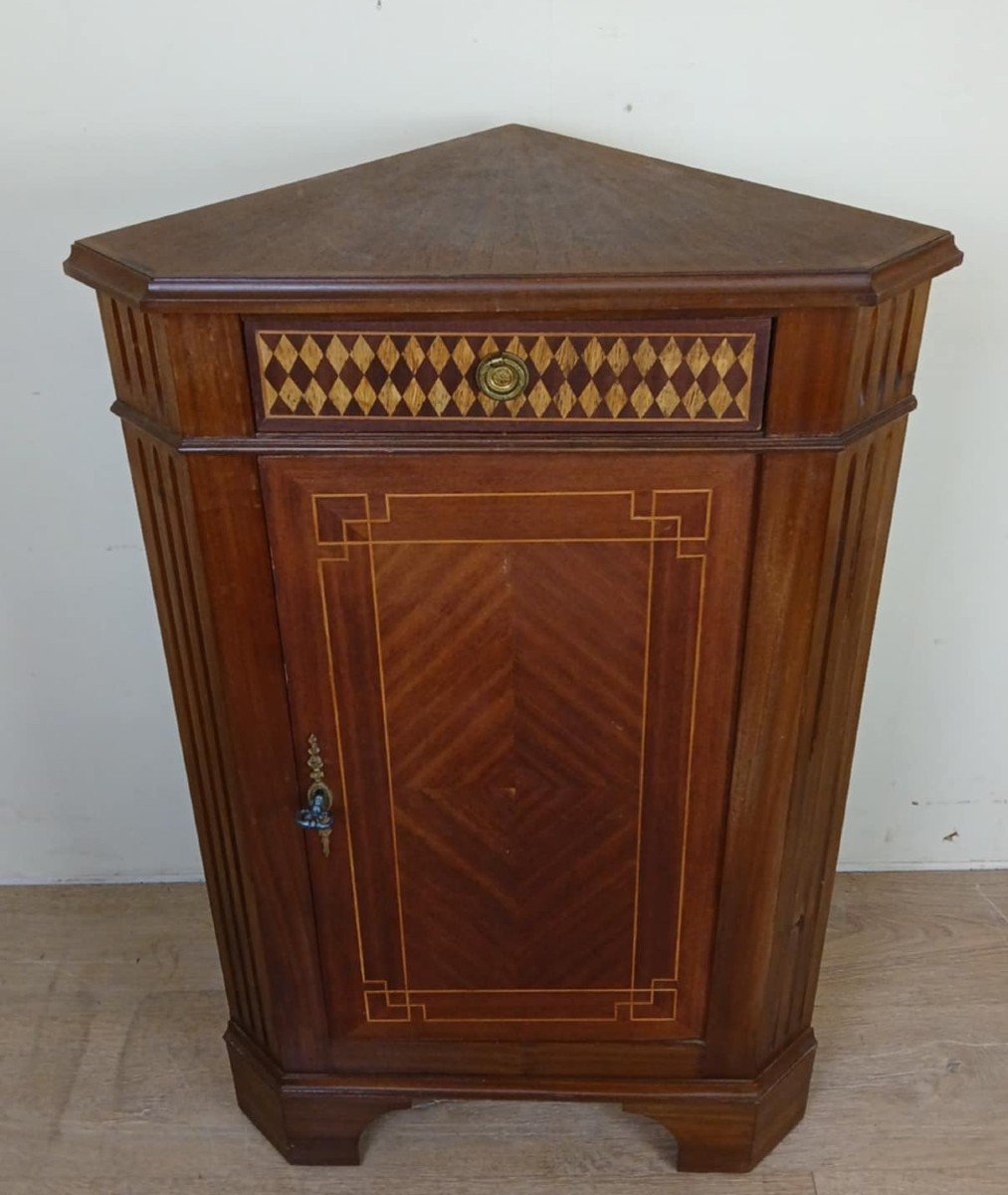 Louis XVI Style Corner Cabinet In Mahogany And Marquetry, 20th Century