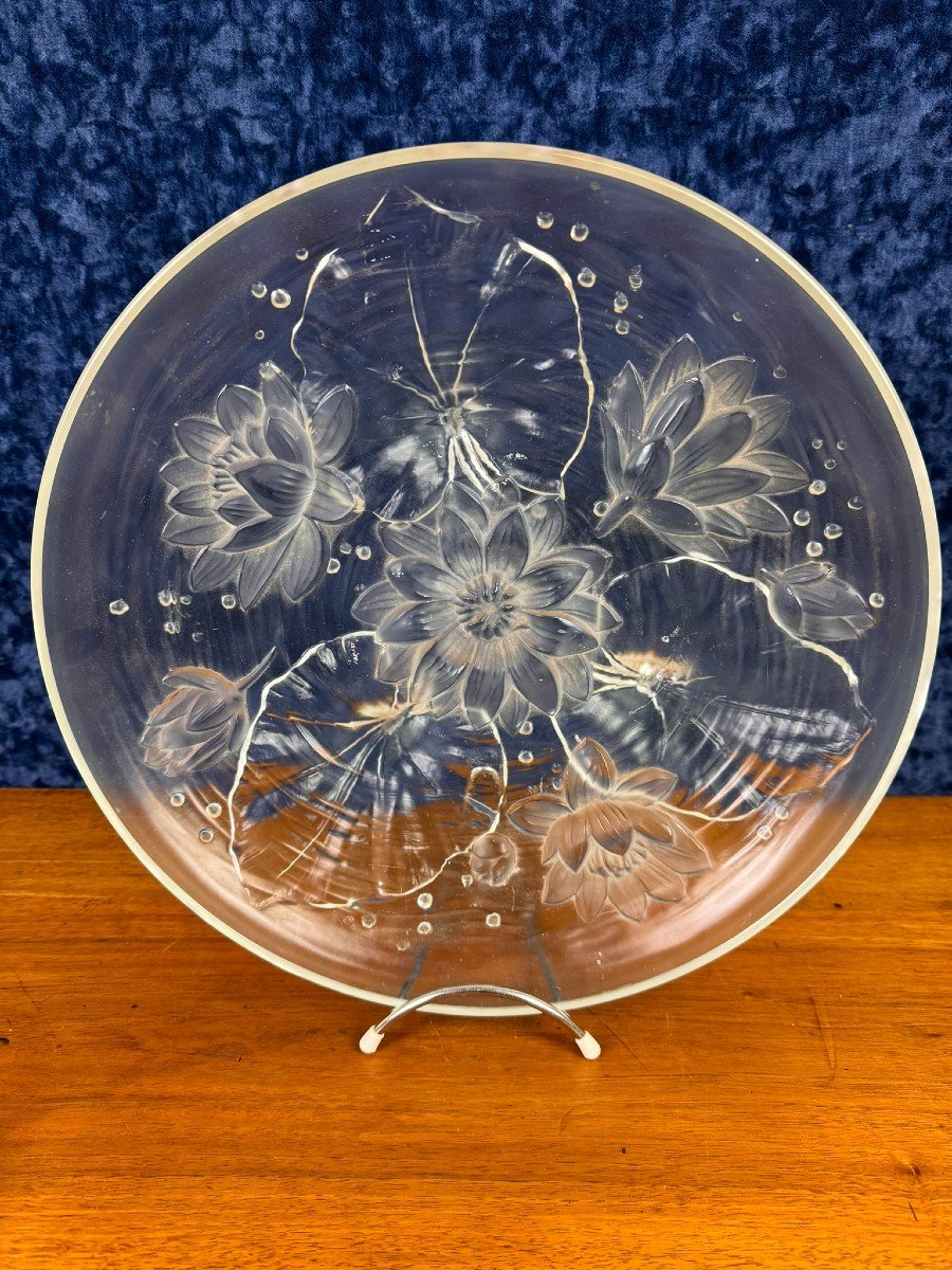 Verlys France: Grande Coupe Centre De Table En Verre Pressé Circa 1940 Décors De Fleurs-photo-3