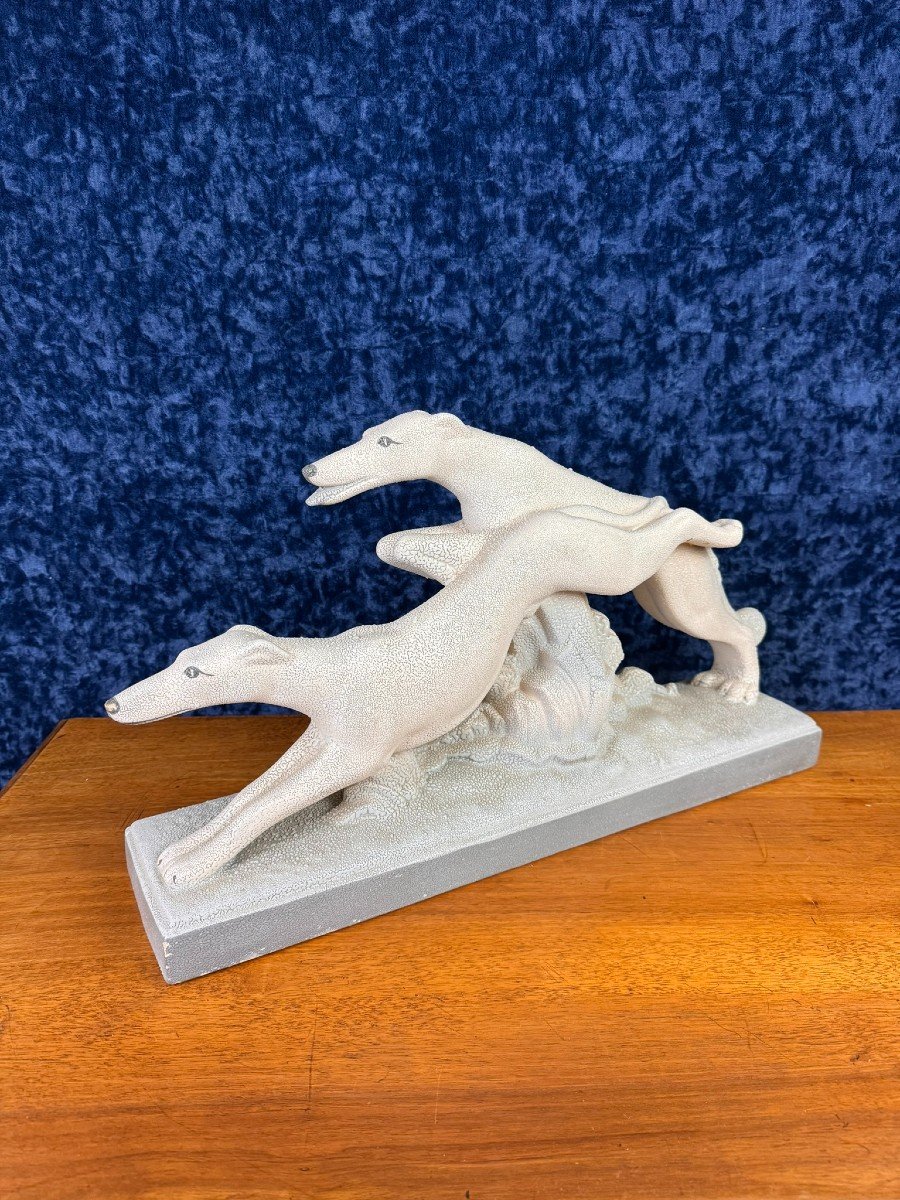 Pair Of Greyhounds Racing In Art Deco Porcelain -photo-2