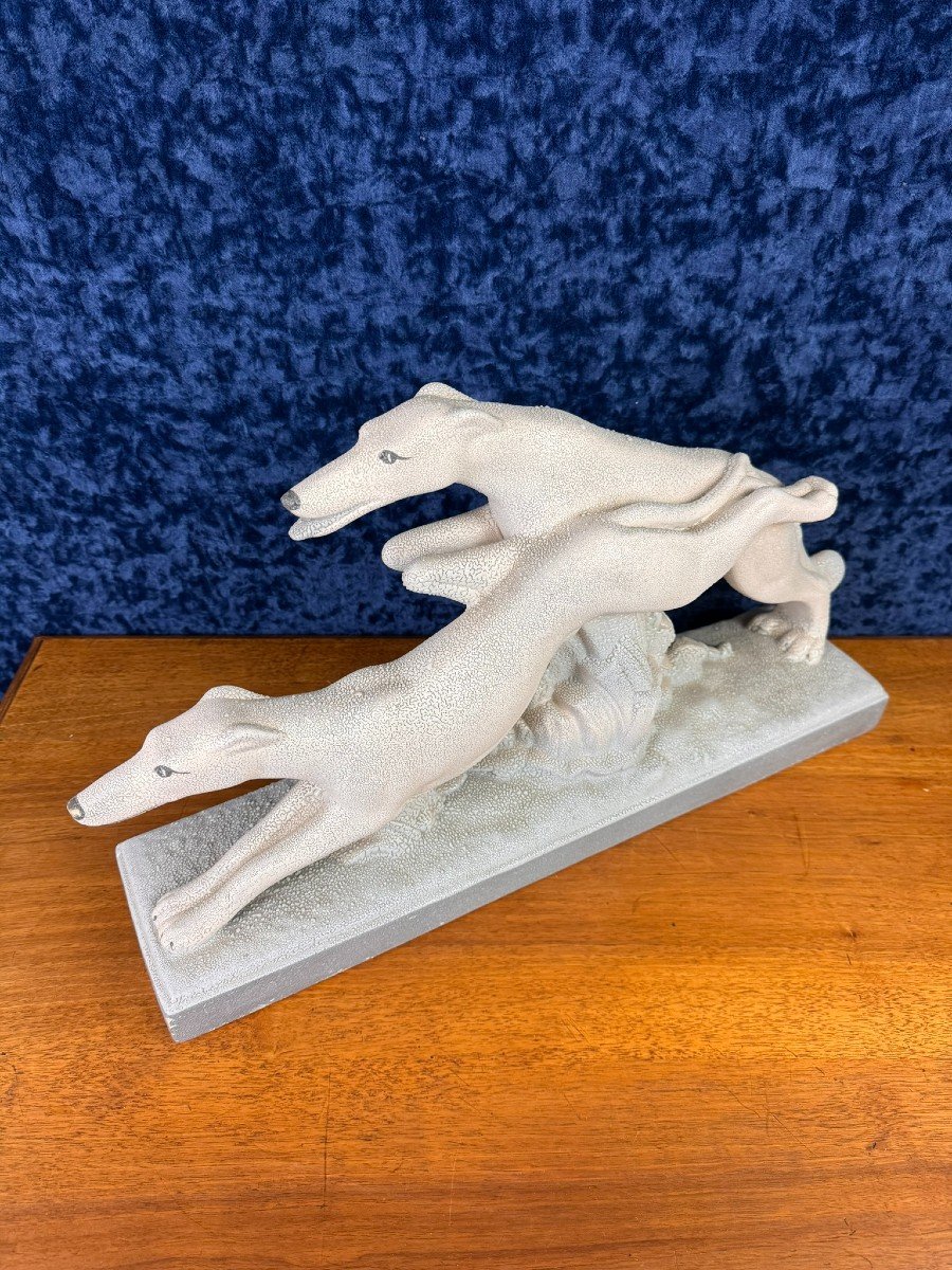 Pair Of Greyhounds Racing In Art Deco Porcelain -photo-3