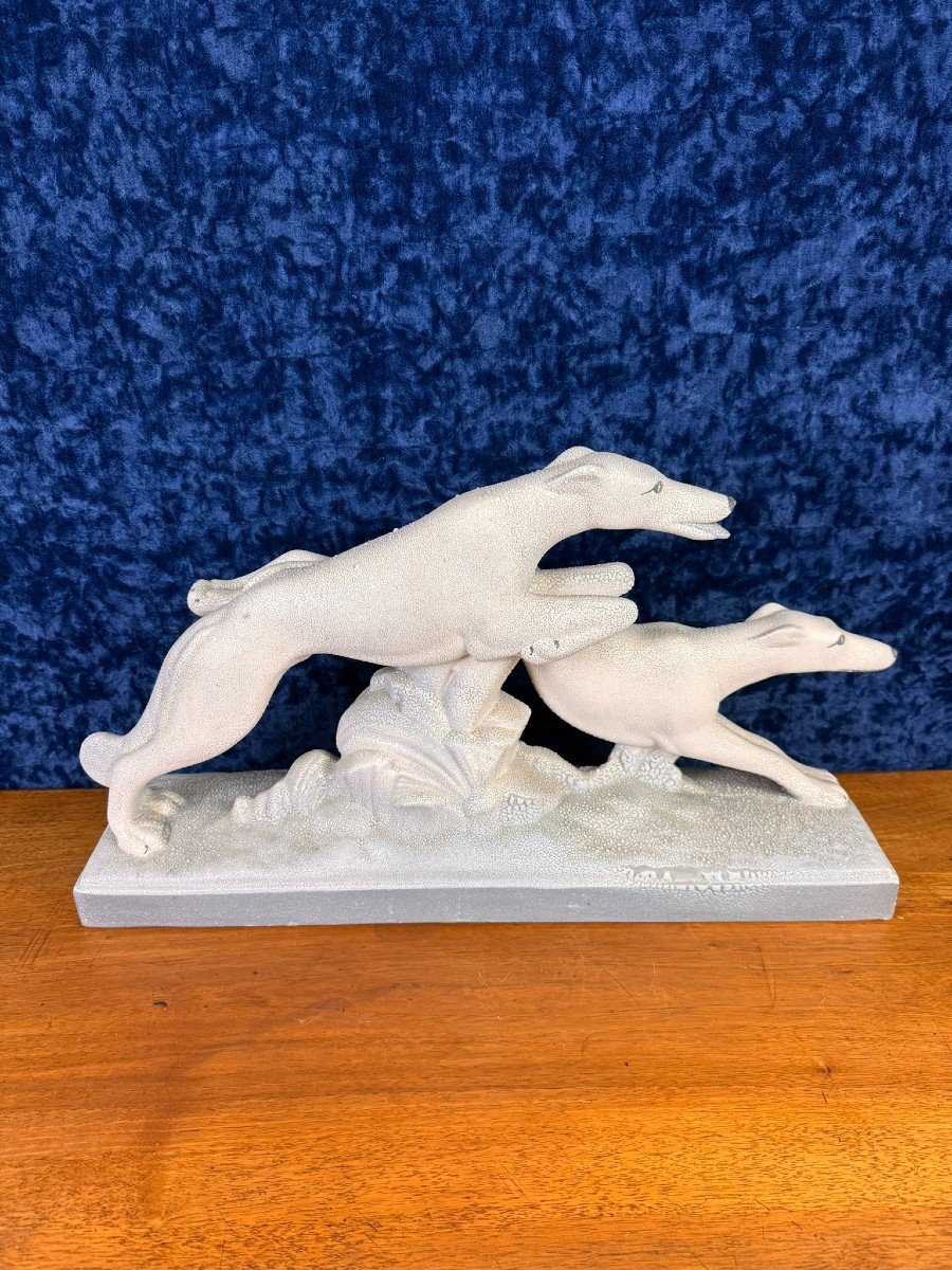 Pair Of Greyhounds Racing In Art Deco Porcelain -photo-4