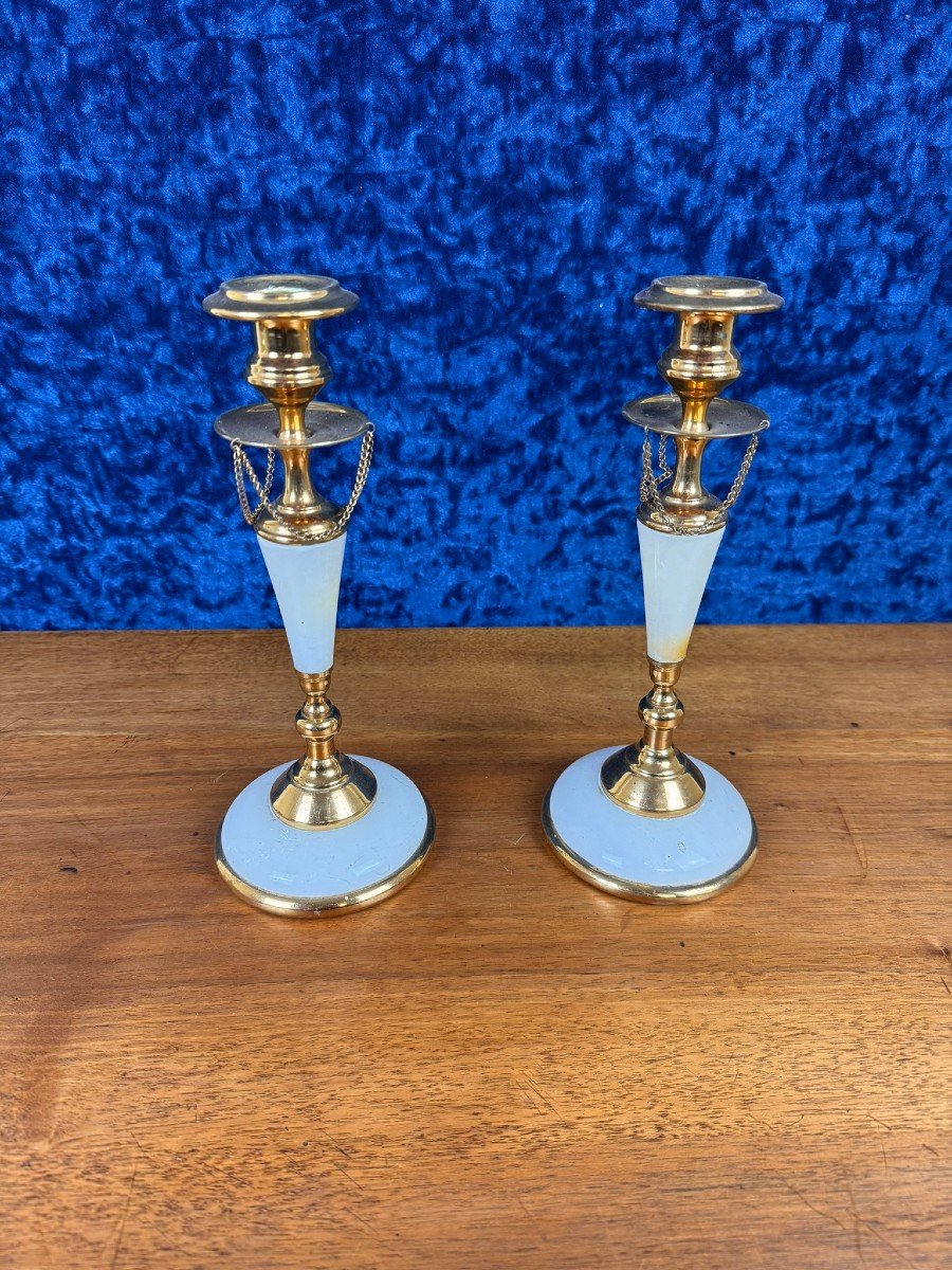 Pair Of Napoleon III Candlesticks In White Marble, Bronze And Gilded Brass -photo-3