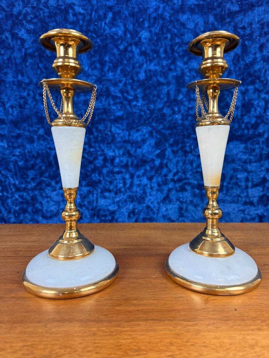 Pair Of Napoleon III Candlesticks In White Marble, Bronze And Gilded Brass 