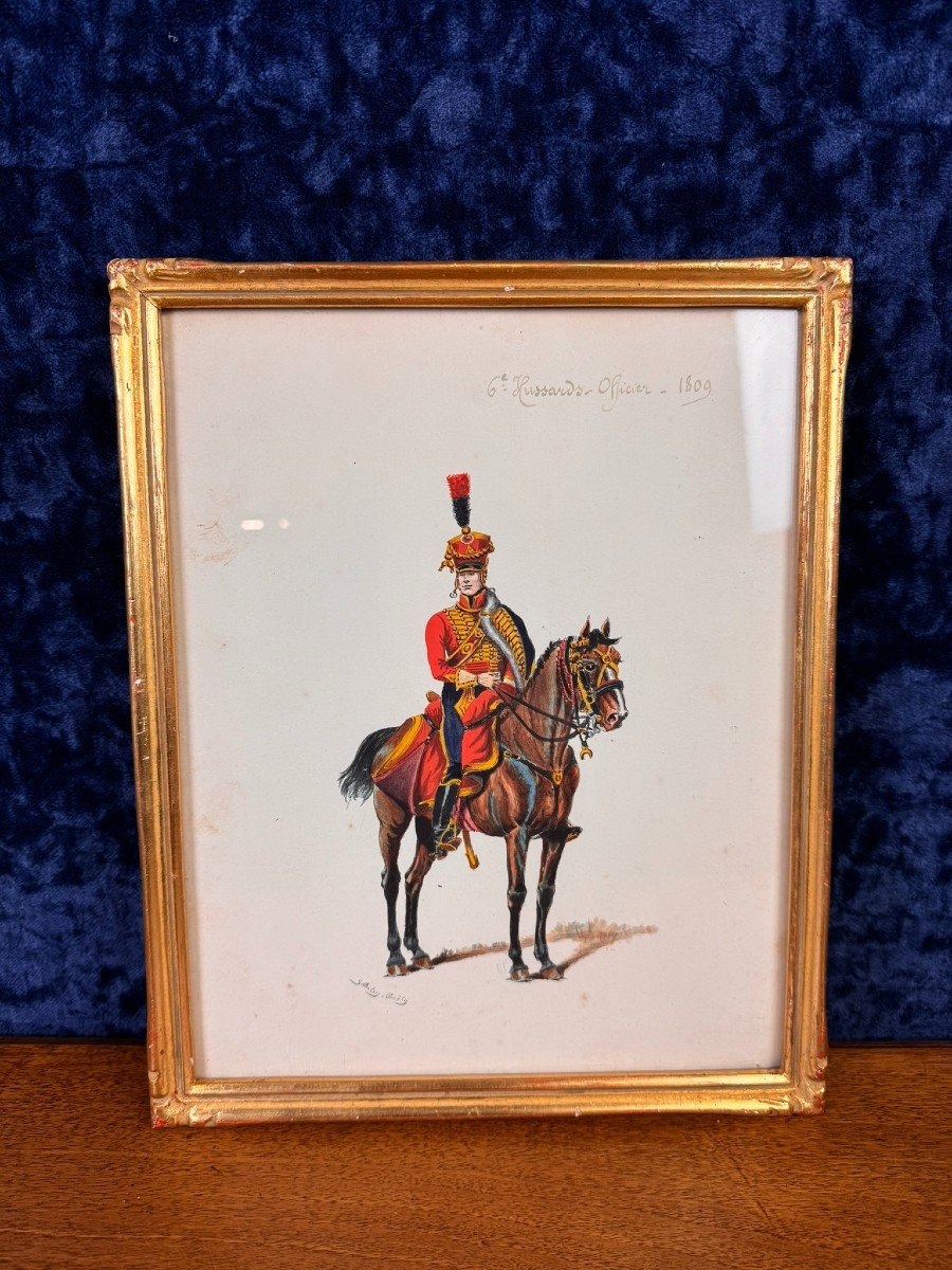 G. Bitry-boëly XIXeme : Aquarelle Figurant Un Soldat Et Sa Monture Officier Hussard De 1809 -photo-2