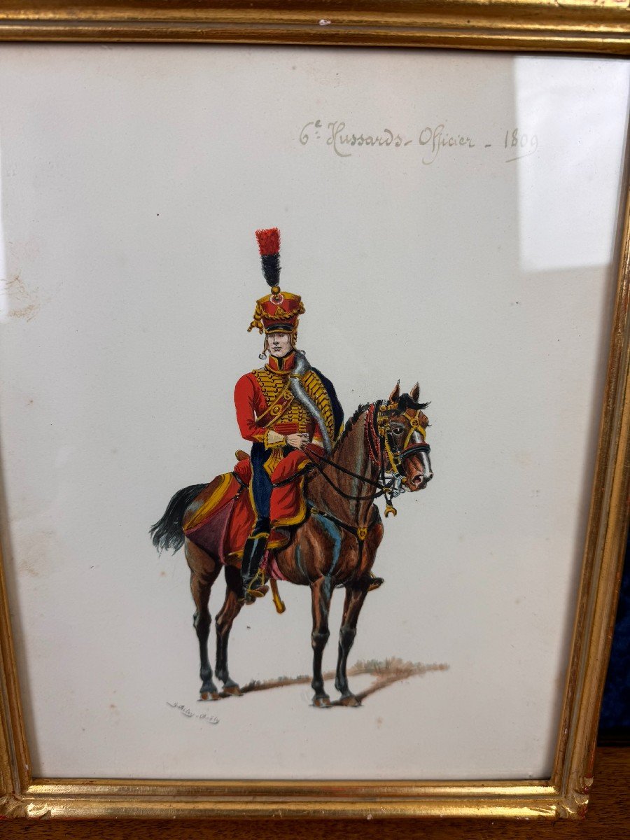 G. Bitry-boëly XIXeme : Aquarelle Figurant Un Soldat Et Sa Monture Officier Hussard De 1809 -photo-3