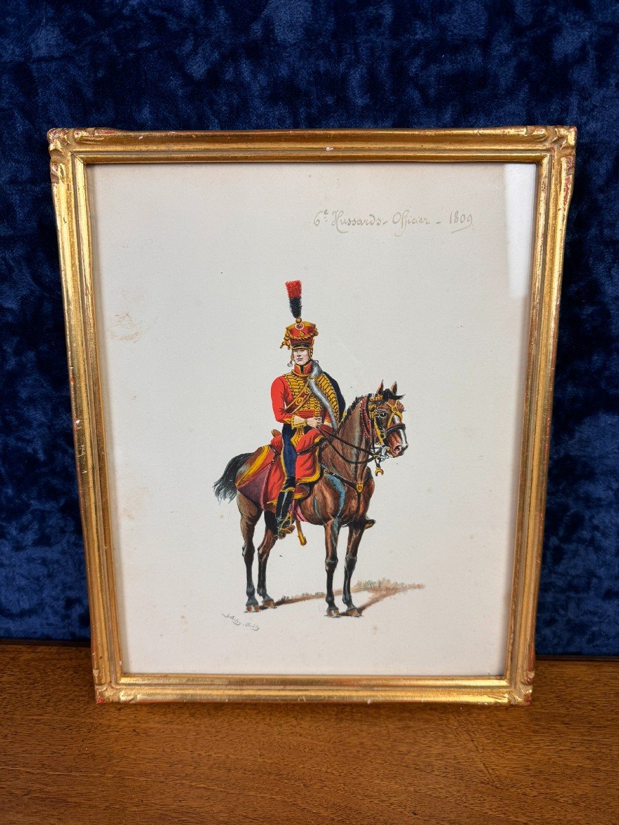 G. Bitry-boëly XIXeme : Aquarelle Figurant Un Soldat Et Sa Monture Officier Hussard De 1809 -photo-2