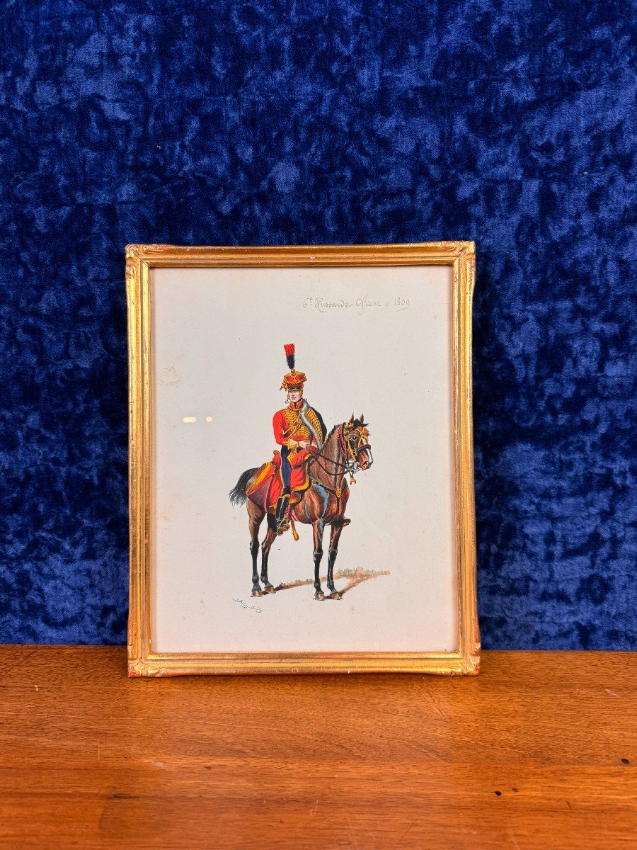 G. Bitry-boëly XIXeme : Aquarelle Figurant Un Soldat Et Sa Monture Officier Hussard De 1809 