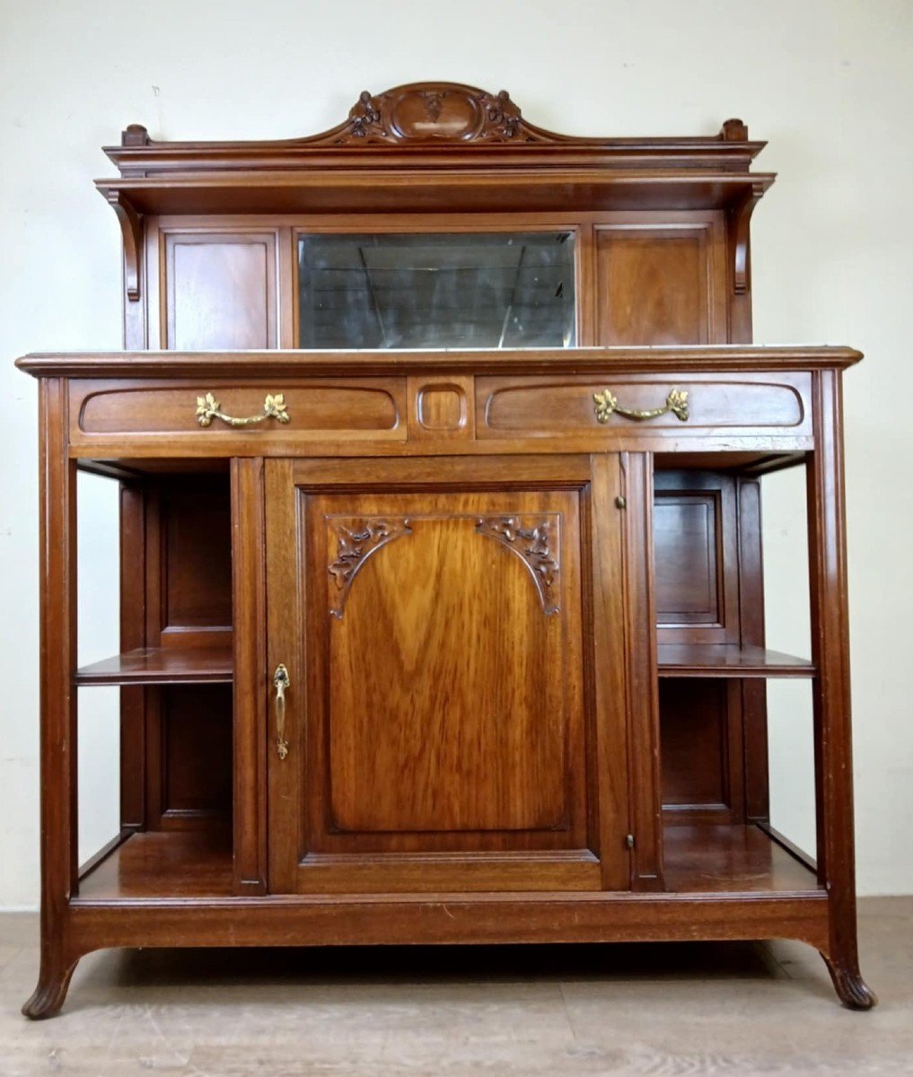 Nancy School Art Nouveau Period  Mahogany Buffet Serving Table With Carved Decor-photo-2