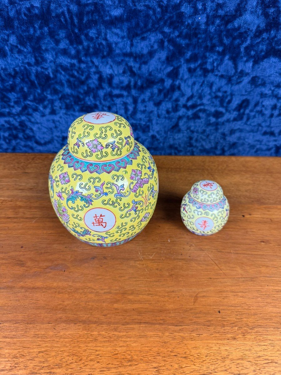 Two Vintage Chinese Porcelain Ginger Jars Decorated With Flowers And Symbols-photo-2