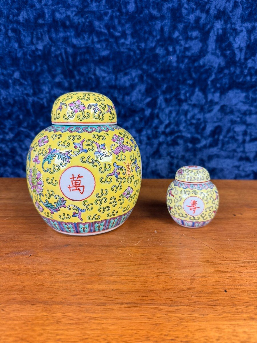 Two Vintage Chinese Porcelain Ginger Jars Decorated With Flowers And Symbols