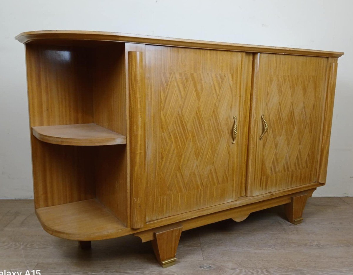 After Jules Leleu: Rare Corner Buffet In Light Wood, Art Deco Period, Circa 1930