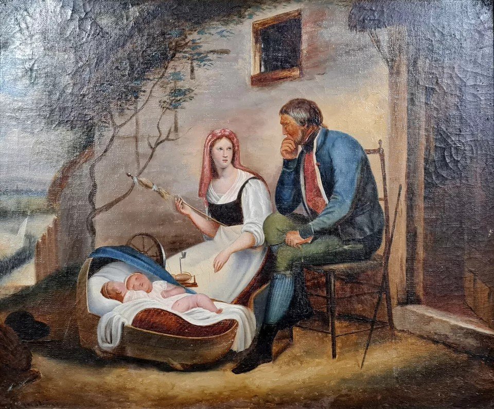 19th Century Italian School: Oil On Canvas Depicting A Family Scene -photo-1