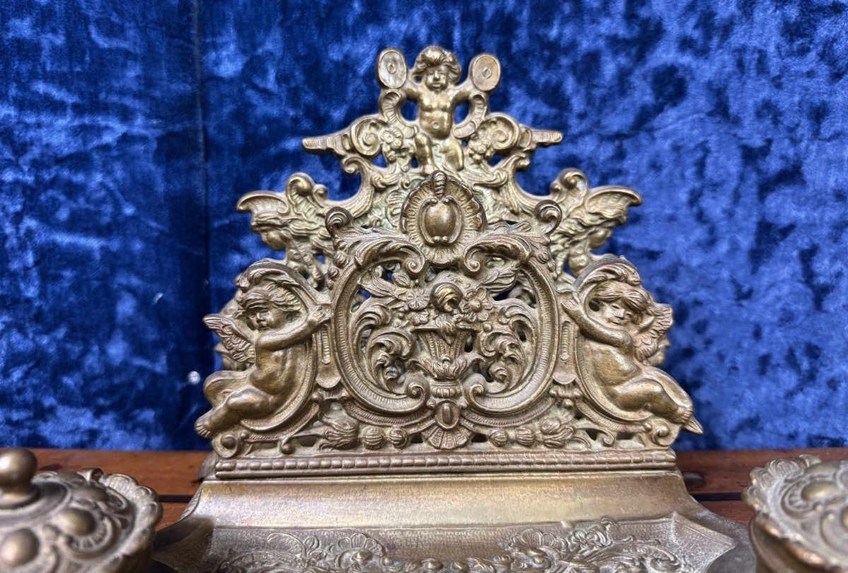 Large Antique Bronze Brass Inkwell Mail Holder With Cherubs -photo-2