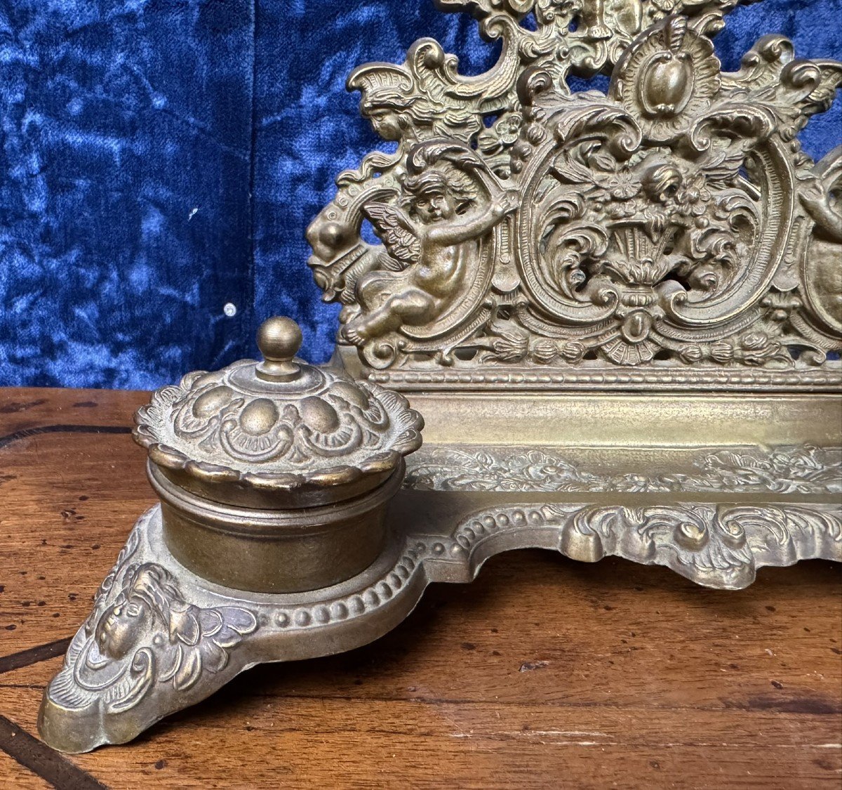 Large Antique Bronze Brass Inkwell Mail Holder With Cherubs -photo-3