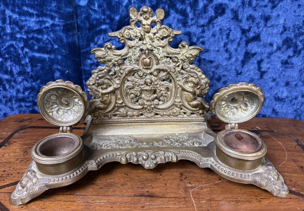 Large Antique Bronze Brass Inkwell Mail Holder With Cherubs -photo-1