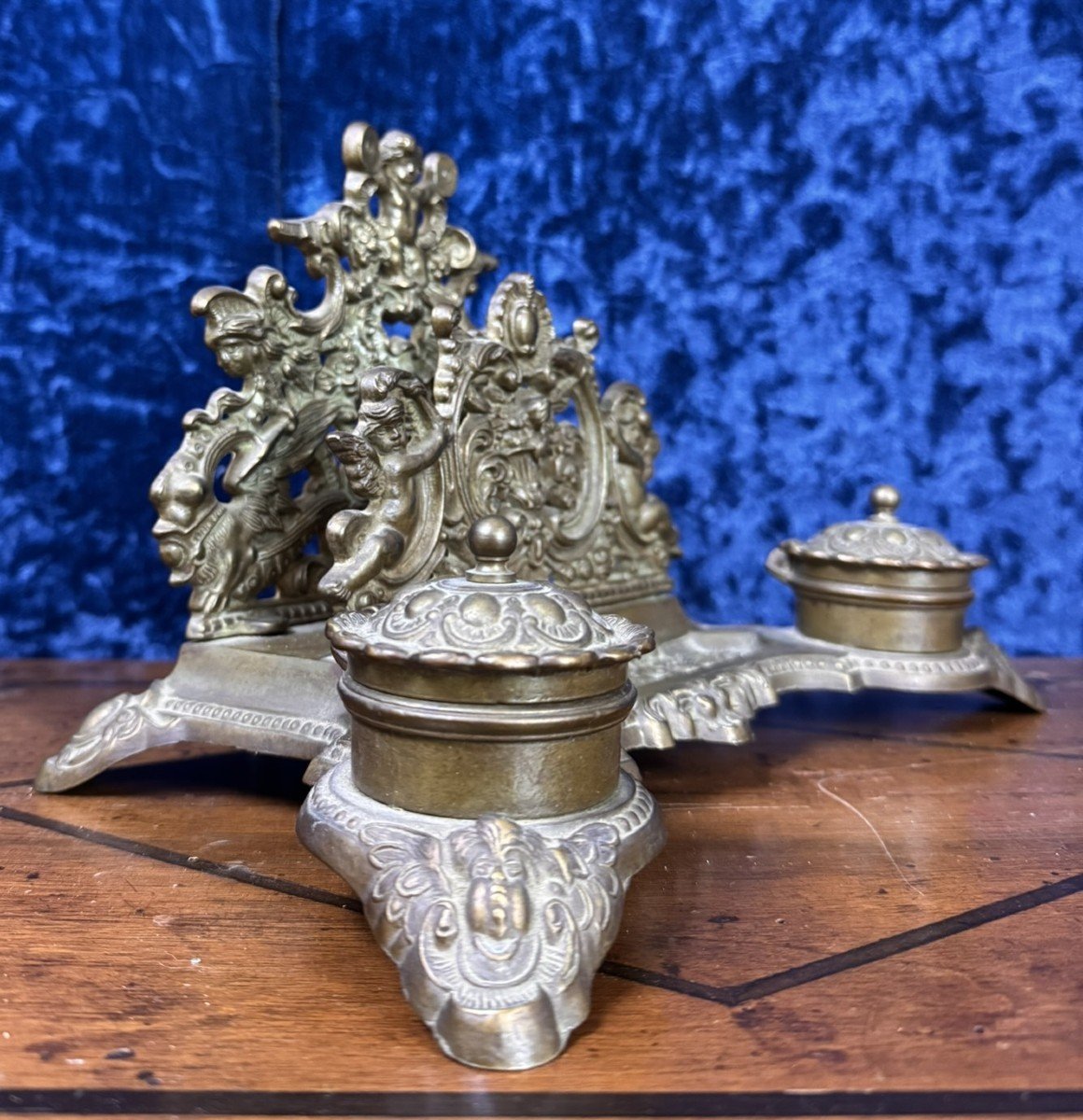 Large Antique Bronze Brass Inkwell Mail Holder With Cherubs -photo-2