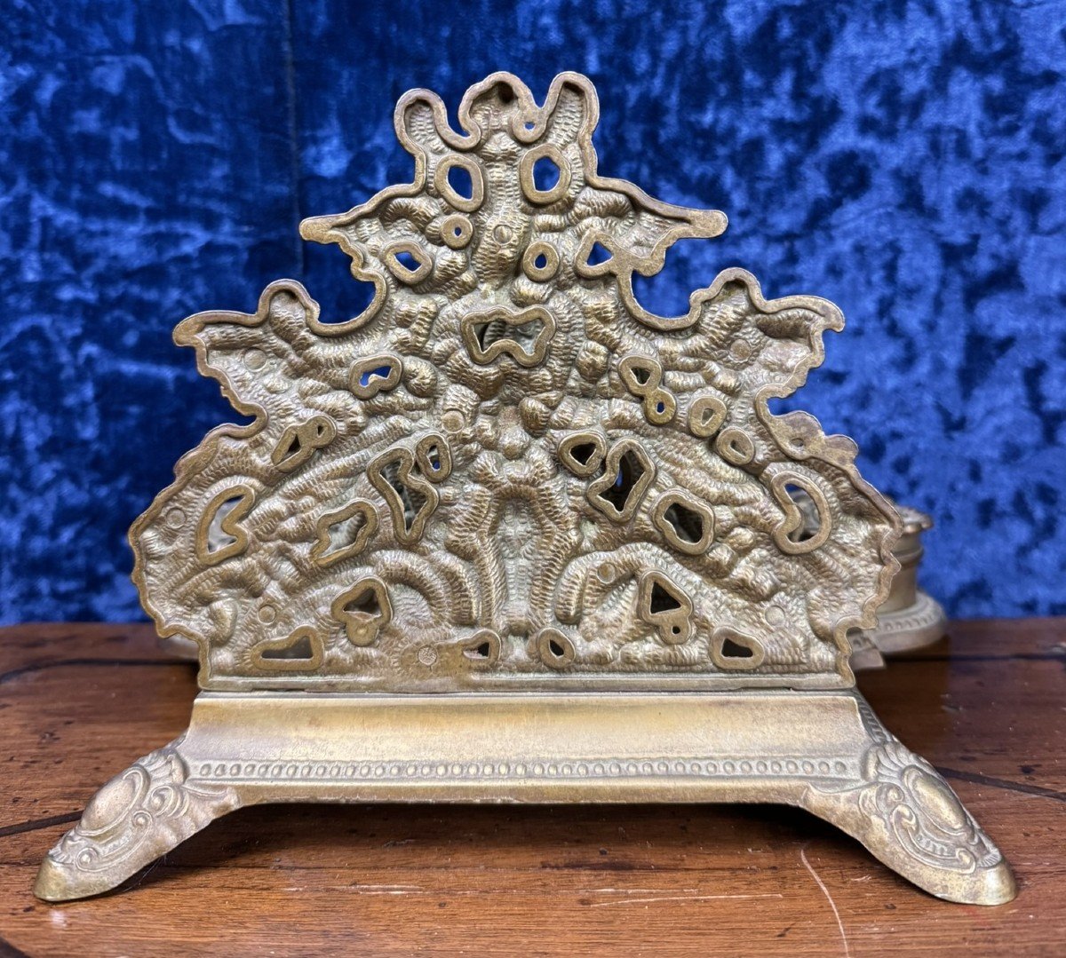 Large Antique Bronze Brass Inkwell Mail Holder With Cherubs -photo-3