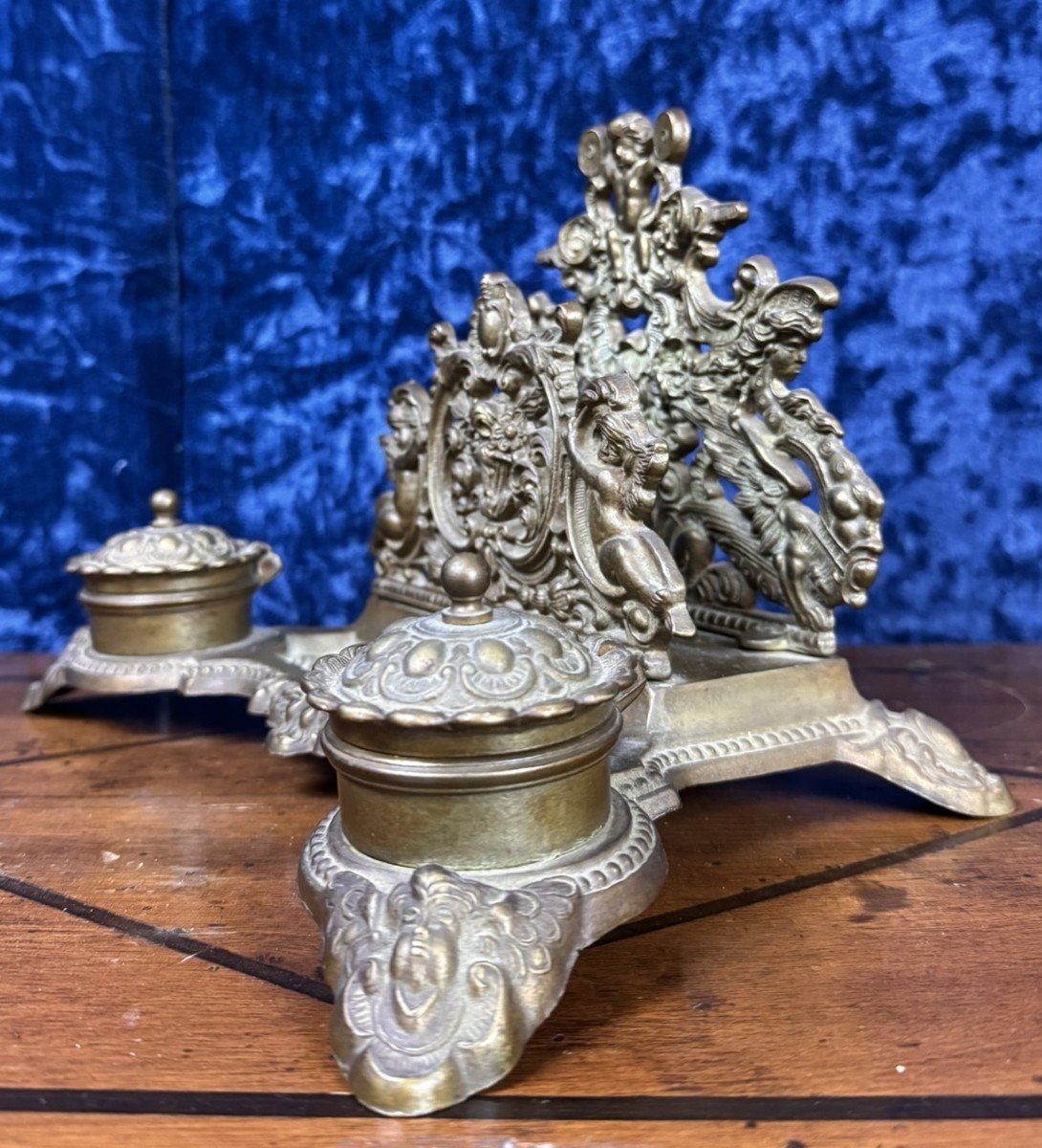 Large Antique Bronze Brass Inkwell Mail Holder With Cherubs -photo-4