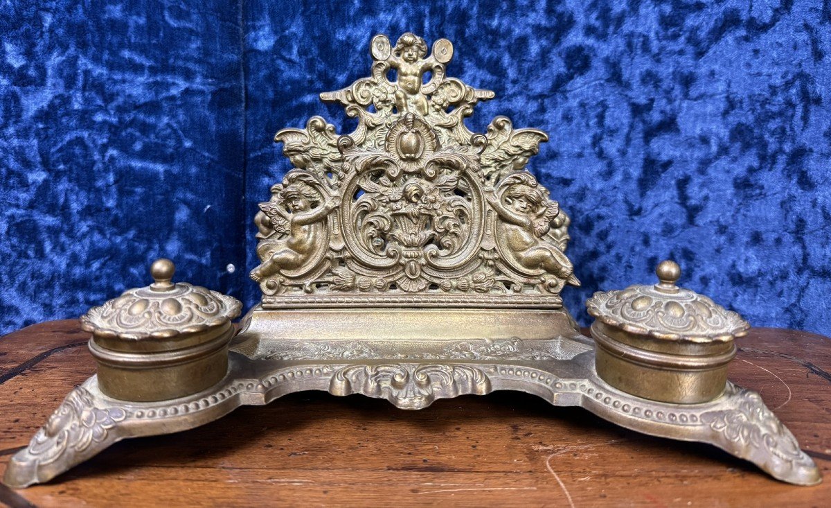 Large Antique Bronze Brass Inkwell Mail Holder With Cherubs 