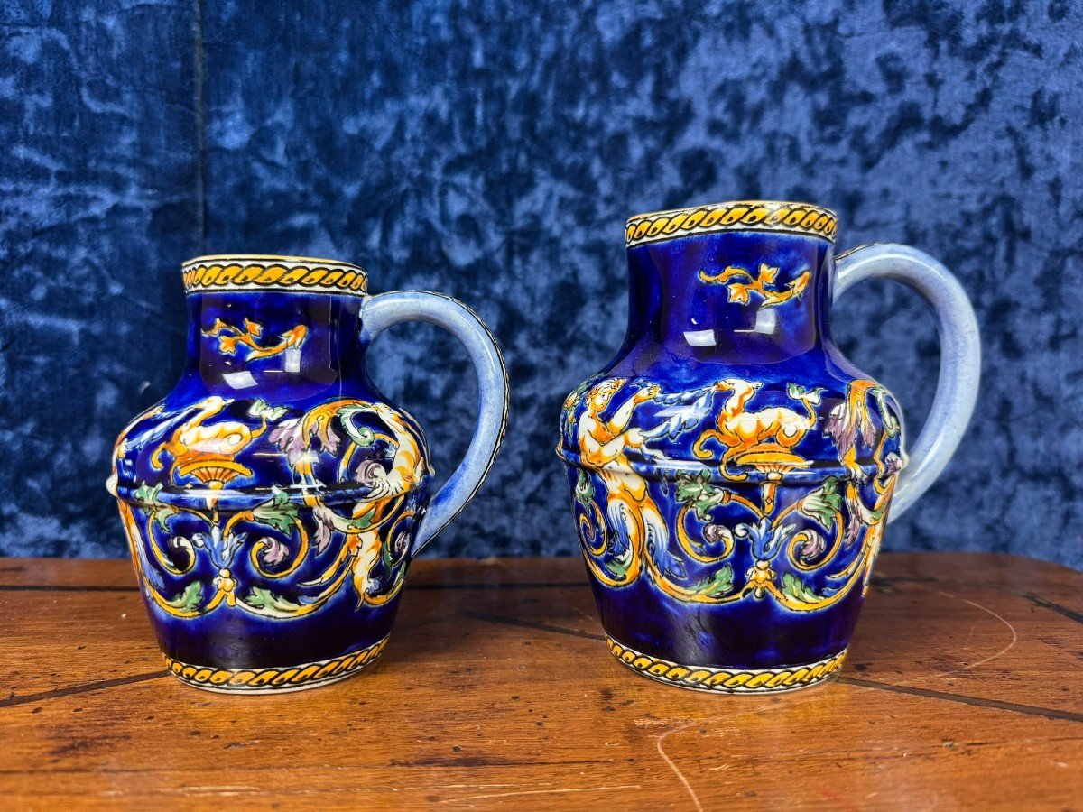 Pair Of Gien Earthenware Pitchers, 20th Century -photo-4