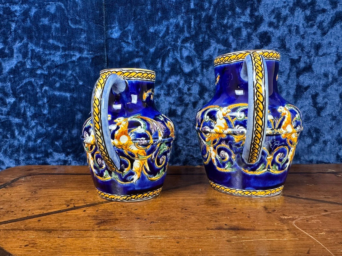 Pair Of Gien Earthenware Pitchers, 20th Century -photo-1