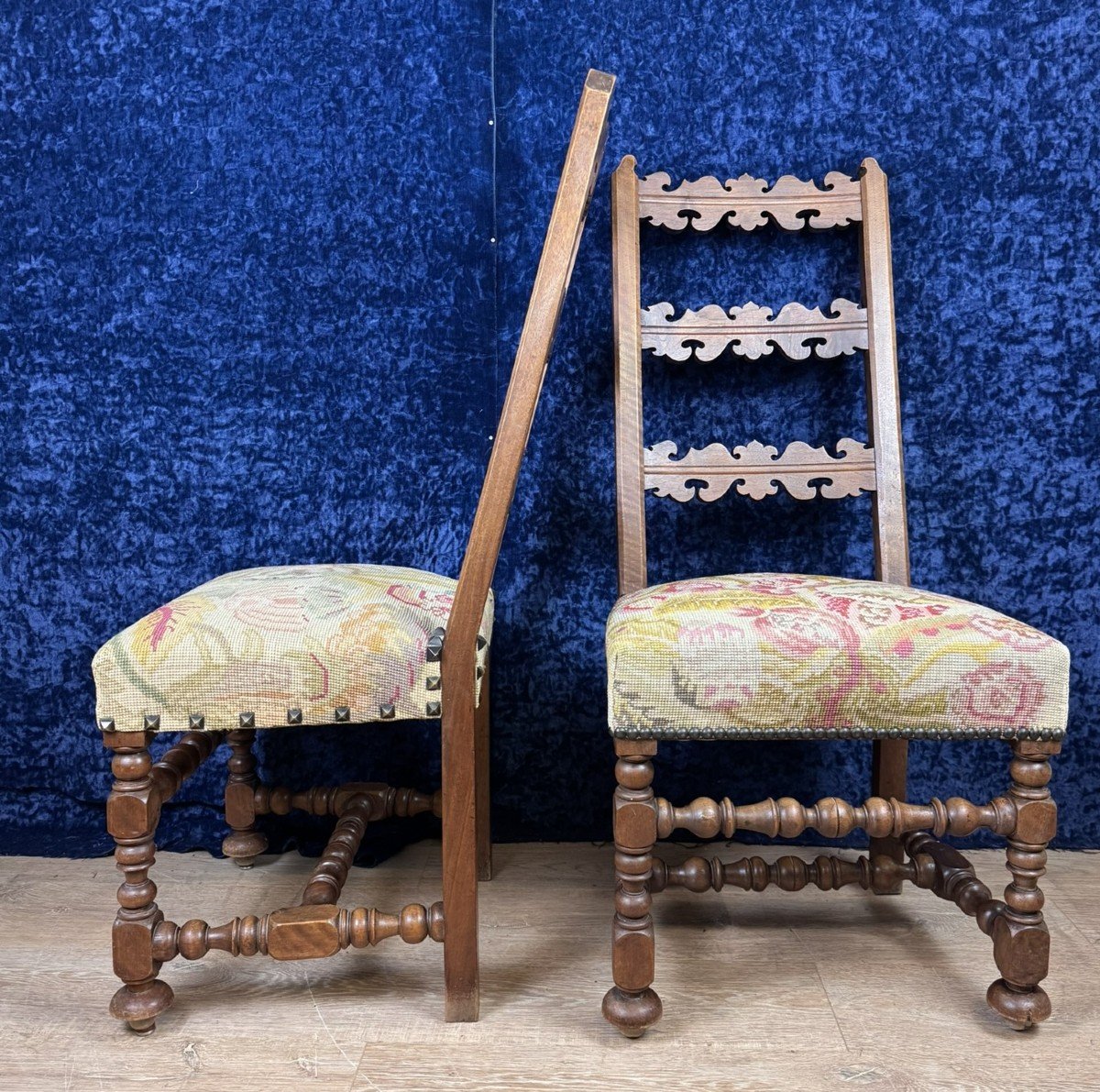 Pair Of Renaissance Style Walnut Chairs With Sloping Backs-photo-2