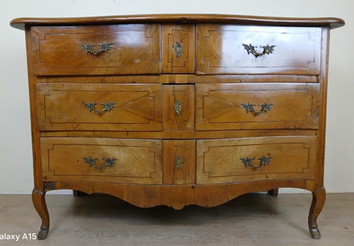 Louis XV Period Curved Chest Of Drawers In Elm And Marquetry Fillets Circa 1750 -photo-5