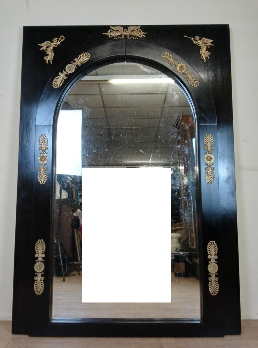 Magnificent And Important Empire Mirror In Black Lacquered Wood And Gilded Bronze From The 19th Century