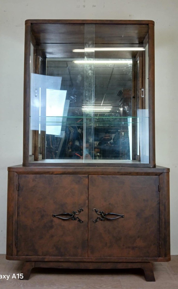 Art Deco Period Bookcase In Lacquered Wood With Faux Look Of Sheet Metal With Rust Patina Circa 1930-photo-3