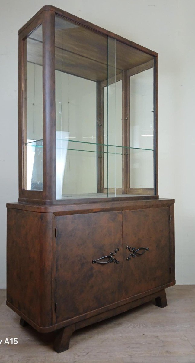 Art Deco Period Bookcase In Lacquered Wood With Faux Look Of Sheet Metal With Rust Patina Circa 1930-photo-4