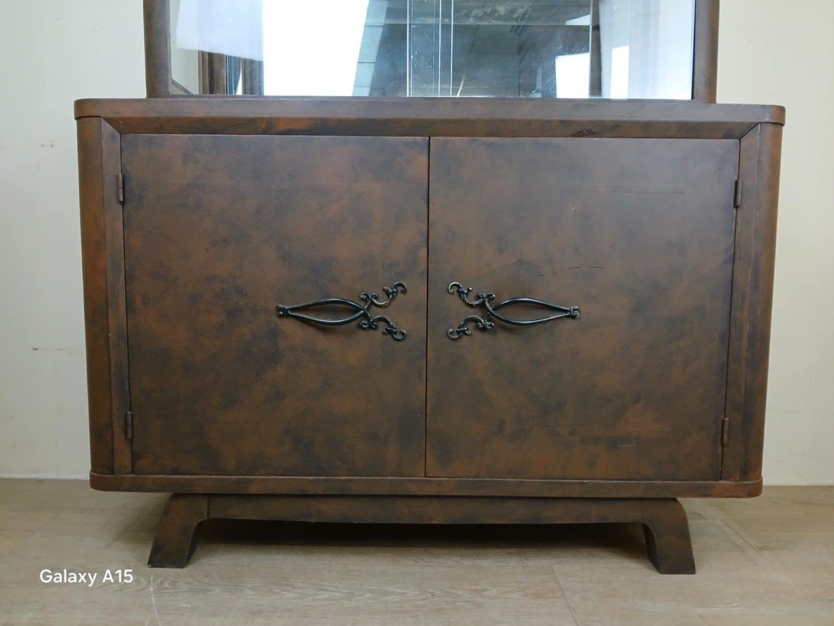 Art Deco Period Bookcase In Lacquered Wood With Faux Look Of Sheet Metal With Rust Patina Circa 1930-photo-1