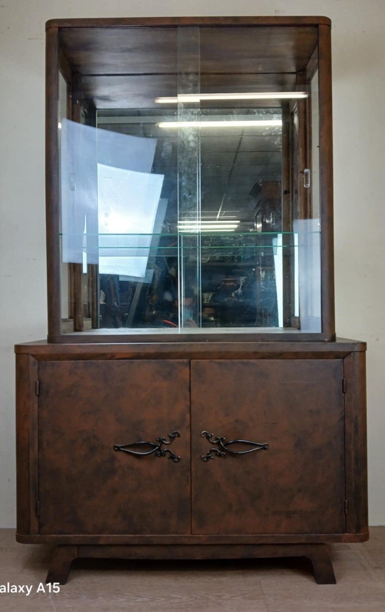 Art Deco Period Bookcase In Lacquered Wood With Faux Look Of Sheet Metal With Rust Patina Circa 1930