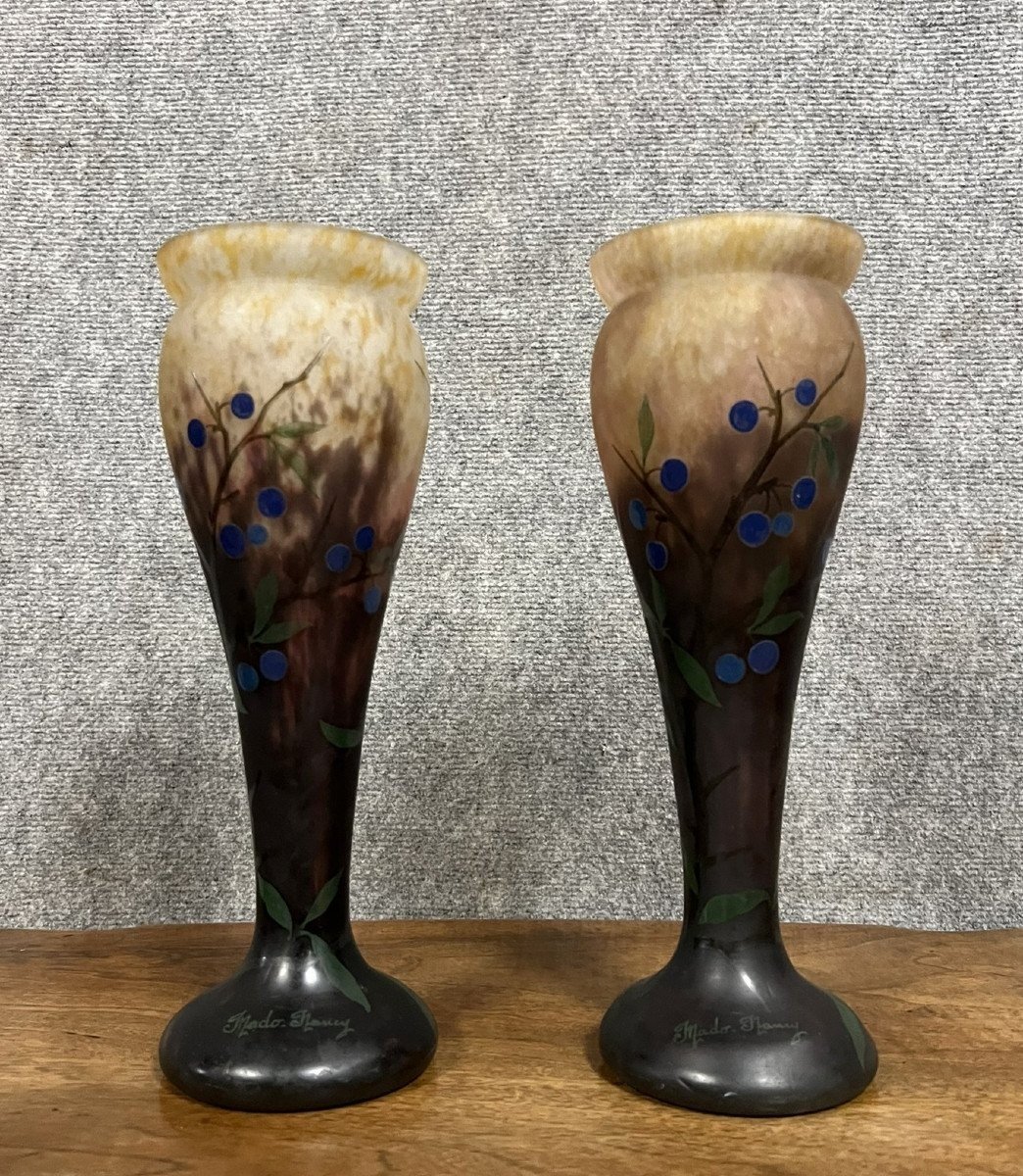 Paire De Vases De Paul Daum époque Art Nouveau Gravés "mado-nancy" Vers 1930