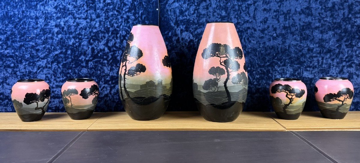 Vallauris Gabs: Series Of 6 Art Deco Ceramic Vases 