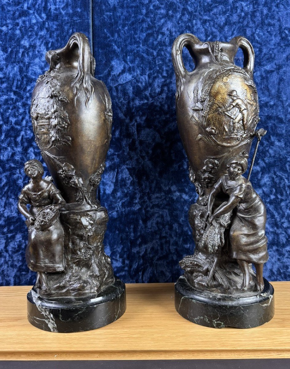 François Moreau: Very Large Pair Of Patinated Spelter Vases, 19th Century   -photo-1