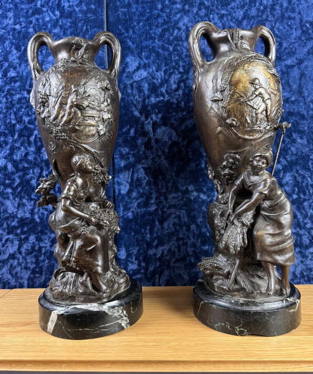 François Moreau: Very Large Pair Of Patinated Spelter Vases, 19th Century   