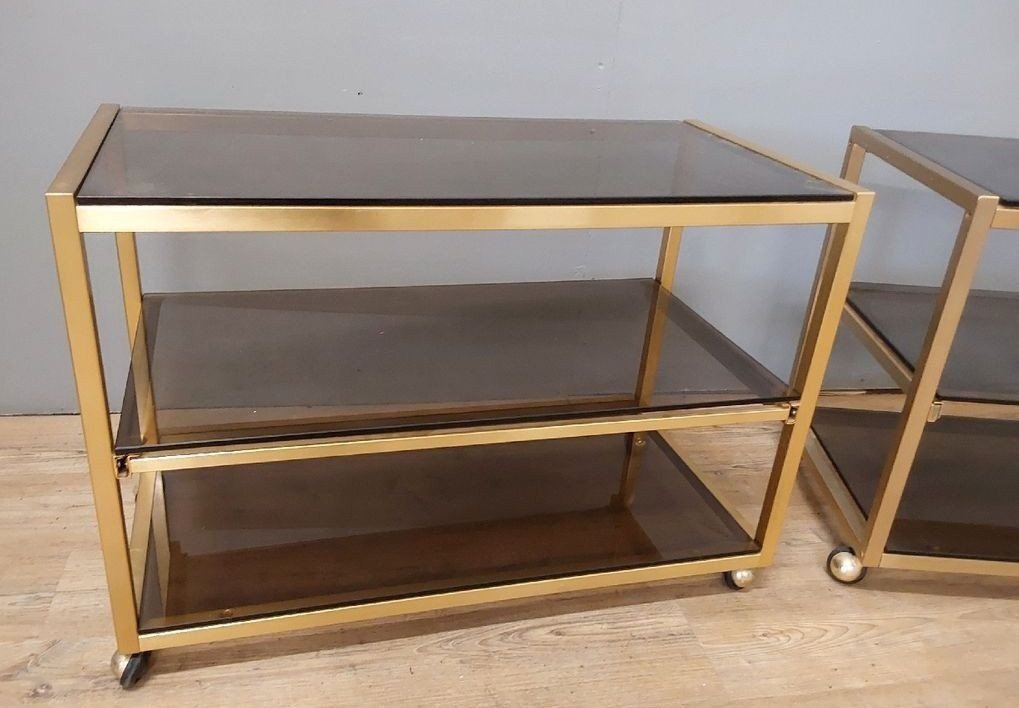 Italy 1970: 2 Serving Tables On Wheels Trolley Gold Metal And Tinted Glass  -photo-2