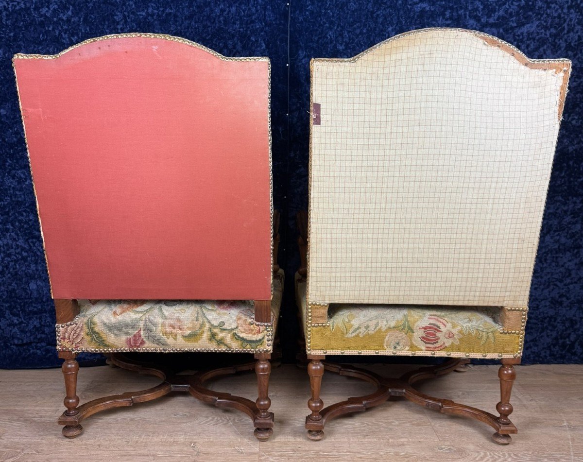 Paire De Fauteuils Louis XIII En Noyer Vers 1850-photo-4