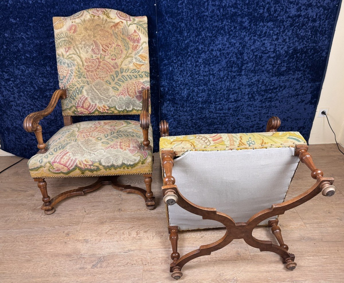 Paire De Fauteuils Louis XIII En Noyer Vers 1850-photo-6