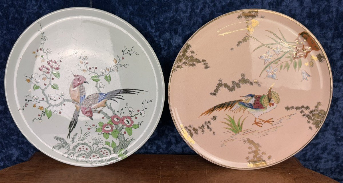 Longwy : grands Plats à tarte en faïence et émaux style japonisant époque Art Déco vers 1920  