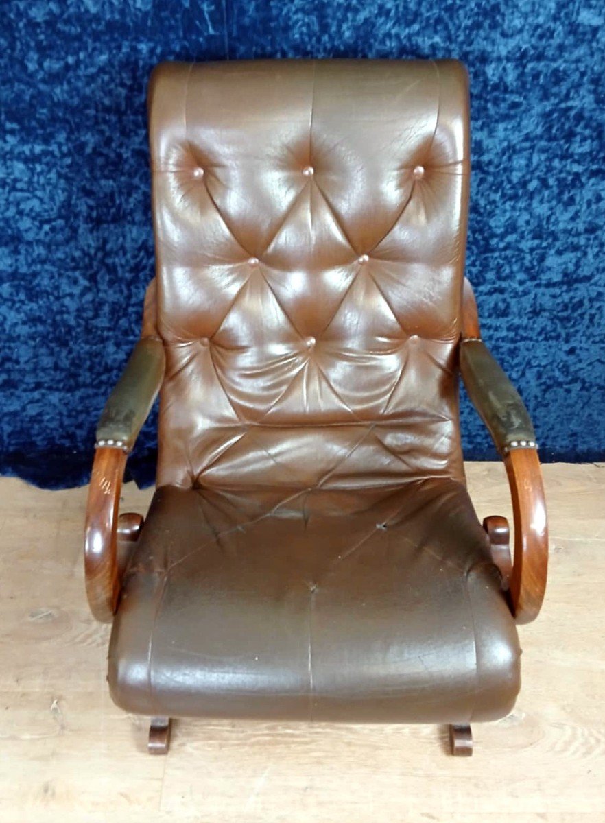  Fauteuil Relax Anglais En Acajou Et Simili Cuir époque Seconde Moitié XXeme-photo-2