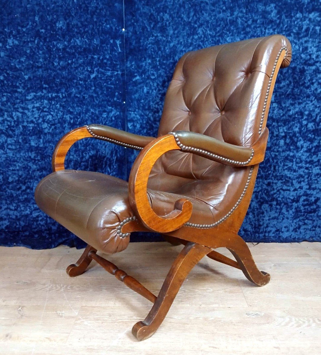  Fauteuil Relax Anglais En Acajou Et Simili Cuir époque Seconde Moitié XXeme-photo-3