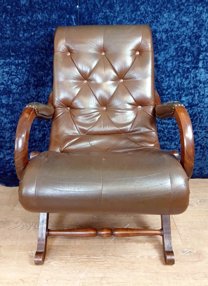  Fauteuil Relax Anglais En Acajou Et Simili Cuir époque Seconde Moitié XXeme-photo-4