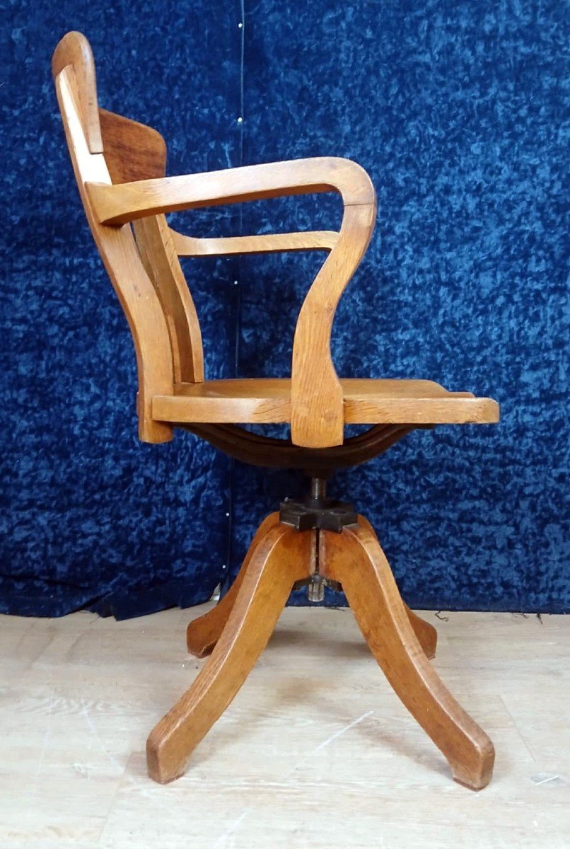 D’après Thonet : Joli Fauteuil Américain De Bureau à Système En Chêne Massif Vers 1930-photo-3