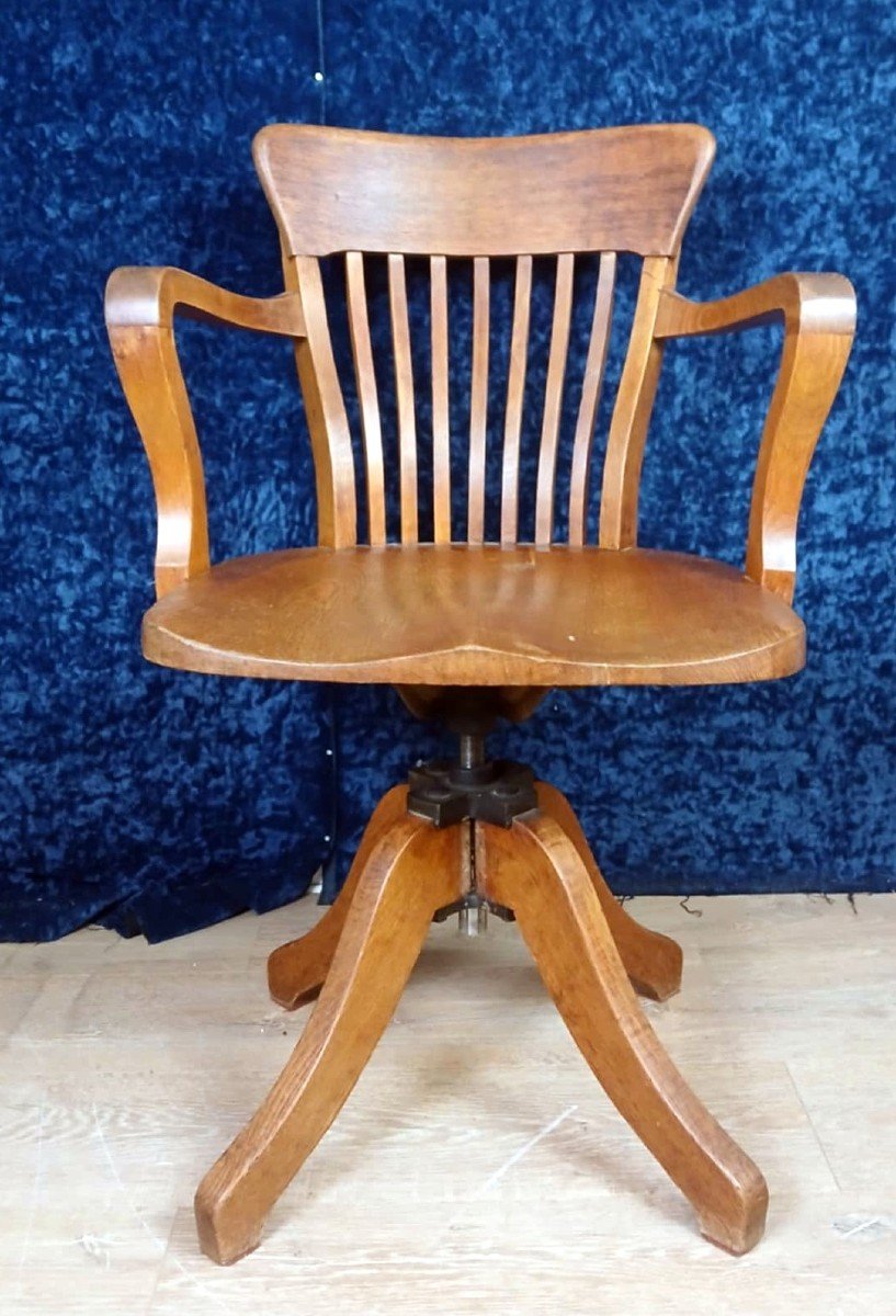 D’après Thonet : Joli Fauteuil Américain De Bureau à Système En Chêne Massif Vers 1930