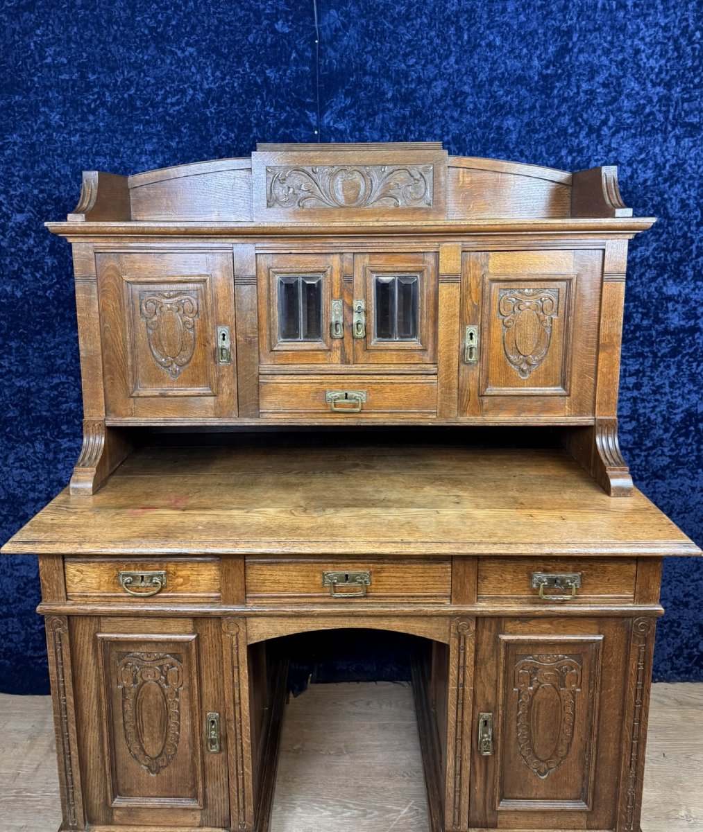 Art Nouveau Era Stepped Desk In Carved Oak -photo-1