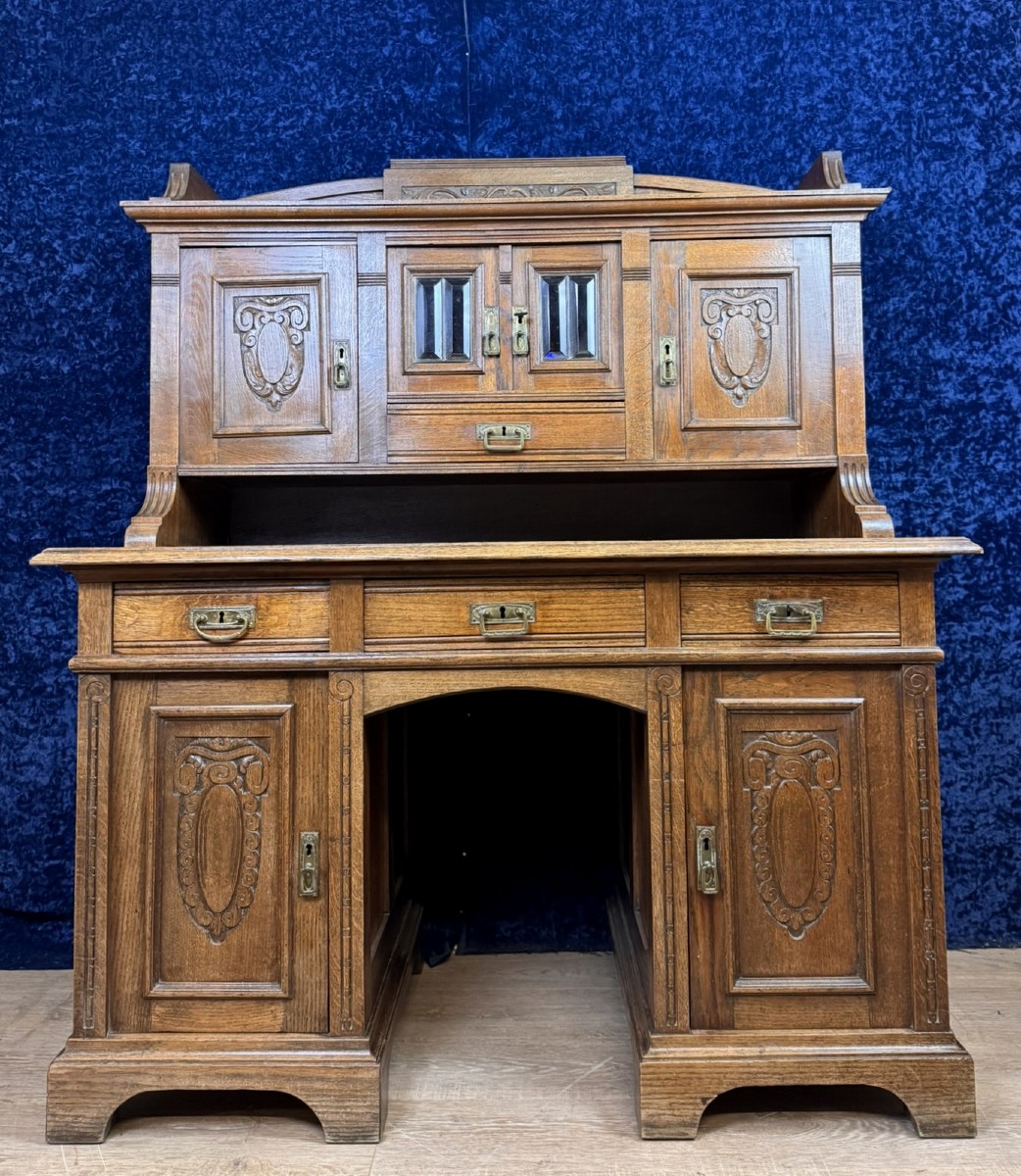 Art Nouveau Era Stepped Desk In Carved Oak 