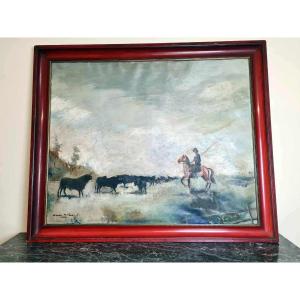 Très Grand Tableau Huile Sur Toile "la Camargue"