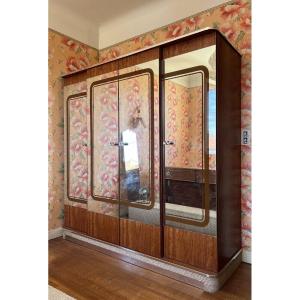 Large Vintage Macassar Projection Wardrobe In Mirrored Glass And Chrome Metal