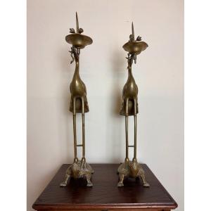 Asia 19th Century: Monumental Pair Of Meiji Period Candlesticks (1868-1912) In Gilt Bronze H68cm